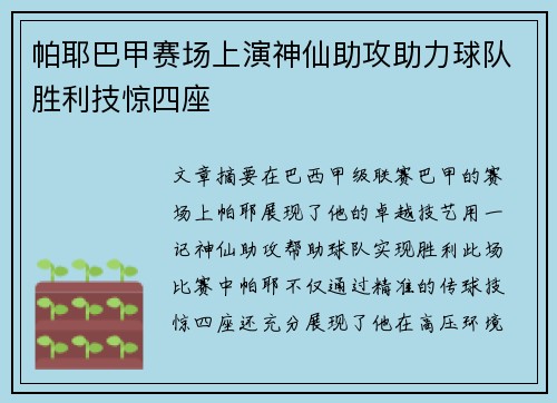 帕耶巴甲赛场上演神仙助攻助力球队胜利技惊四座 帕耶巴甲赛场上演神仙助攻助力球队胜利技惊四座